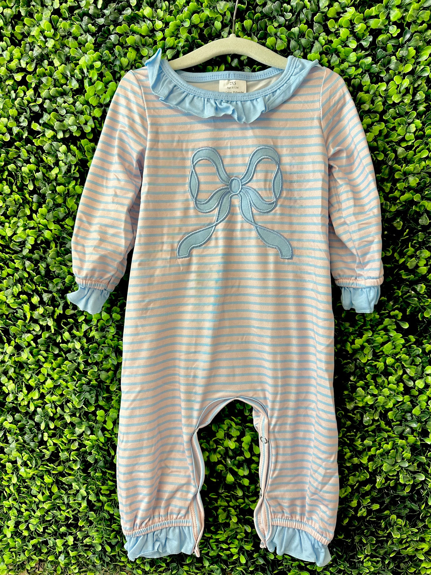 Longsleeve Blue and Pink Bow Striped Romper