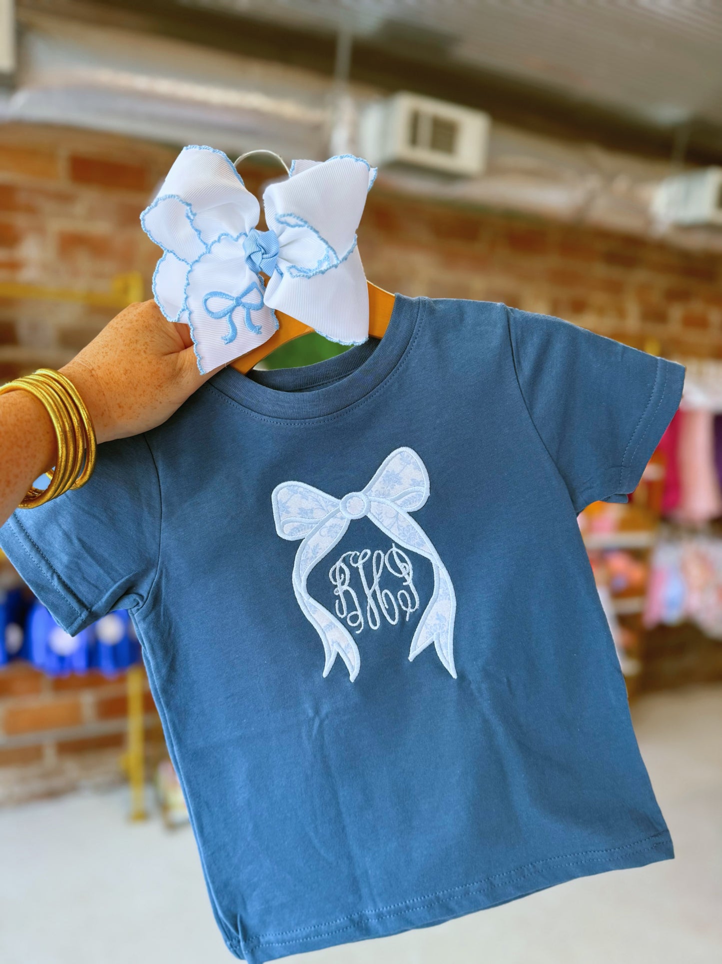 Bow appliqué and initials tee