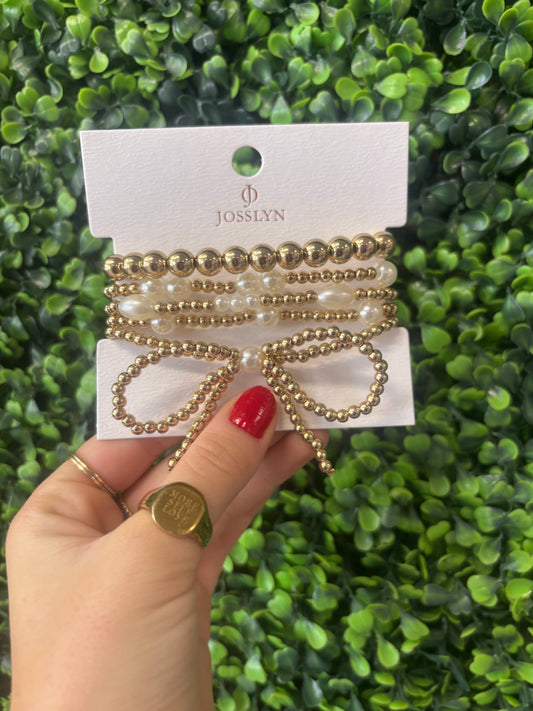 Gold Pearl Bow Bracelet Stack