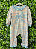 Longsleeve Blue and Pink Bow Striped Romper