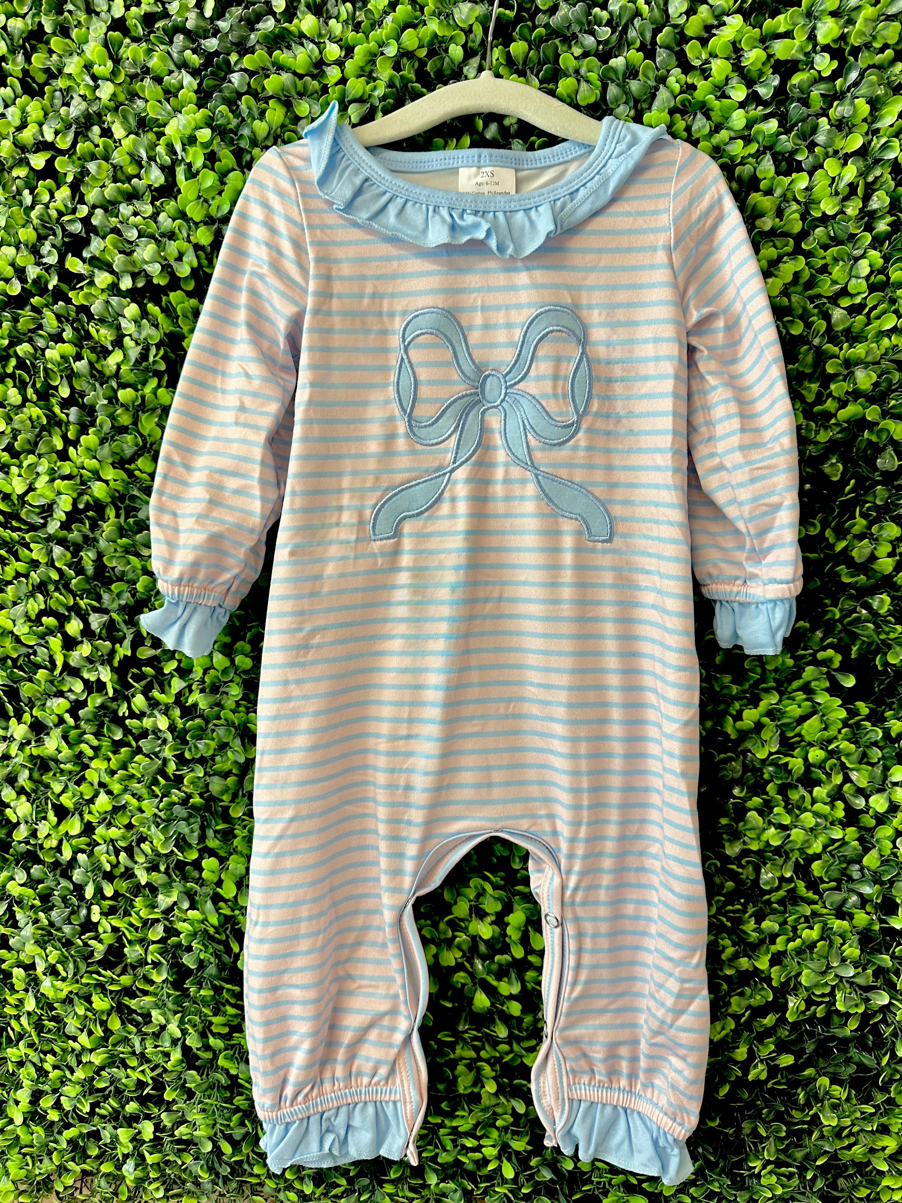 Longsleeve Blue and Pink Bow Striped Romper
