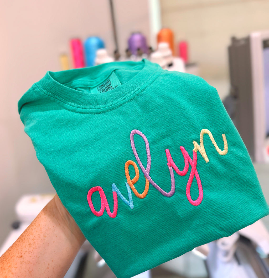 Rainbow stitch mystery tee