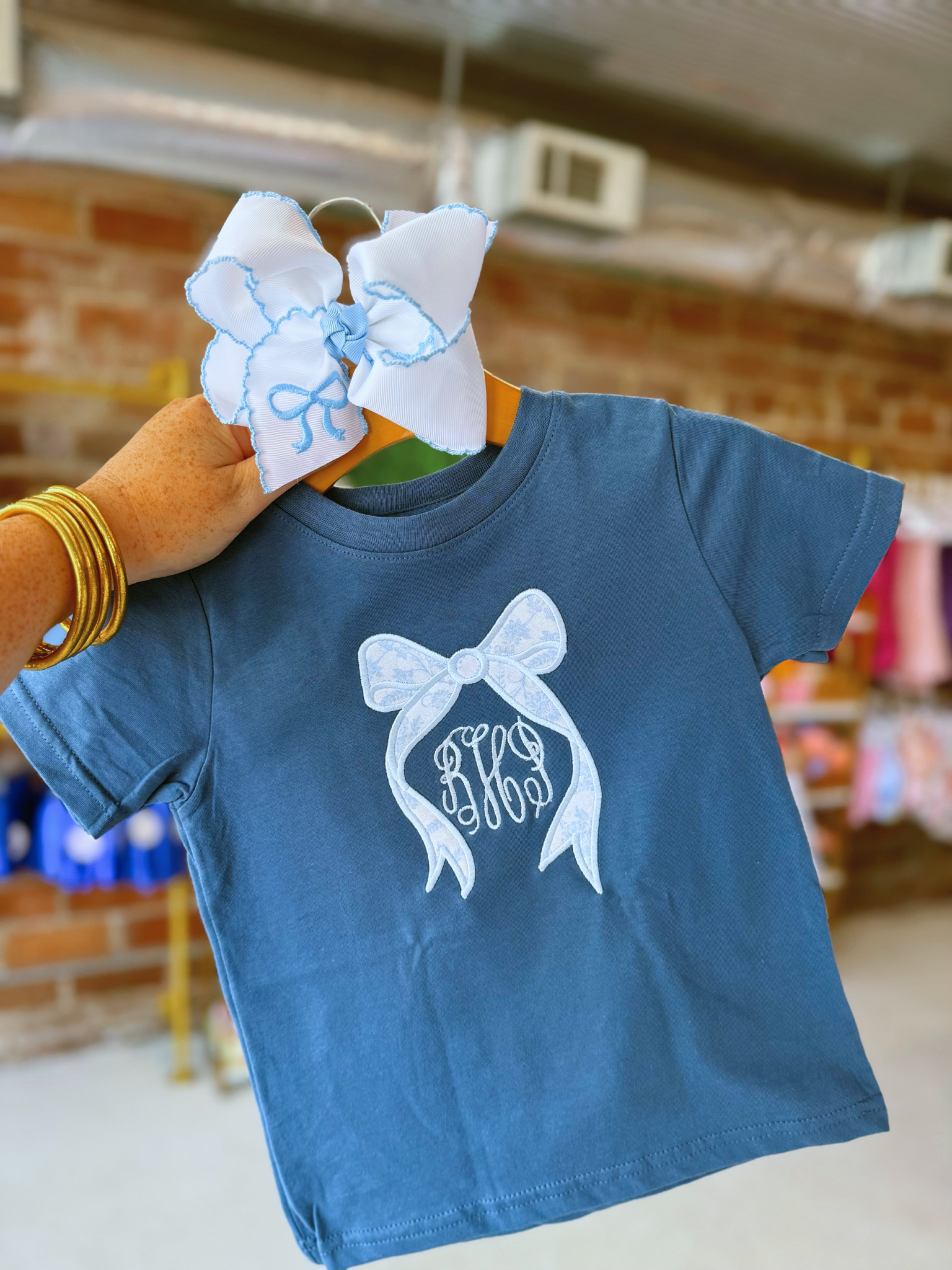Bow appliqué and initials tee
