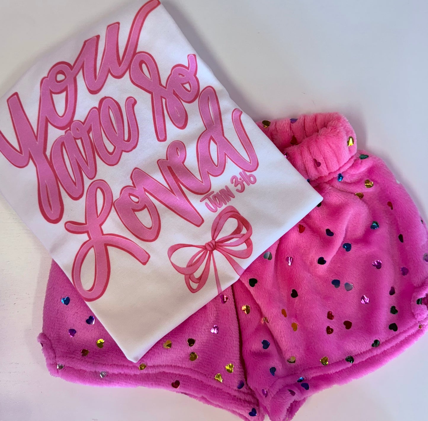 Bright pink foil hearts plush shorts