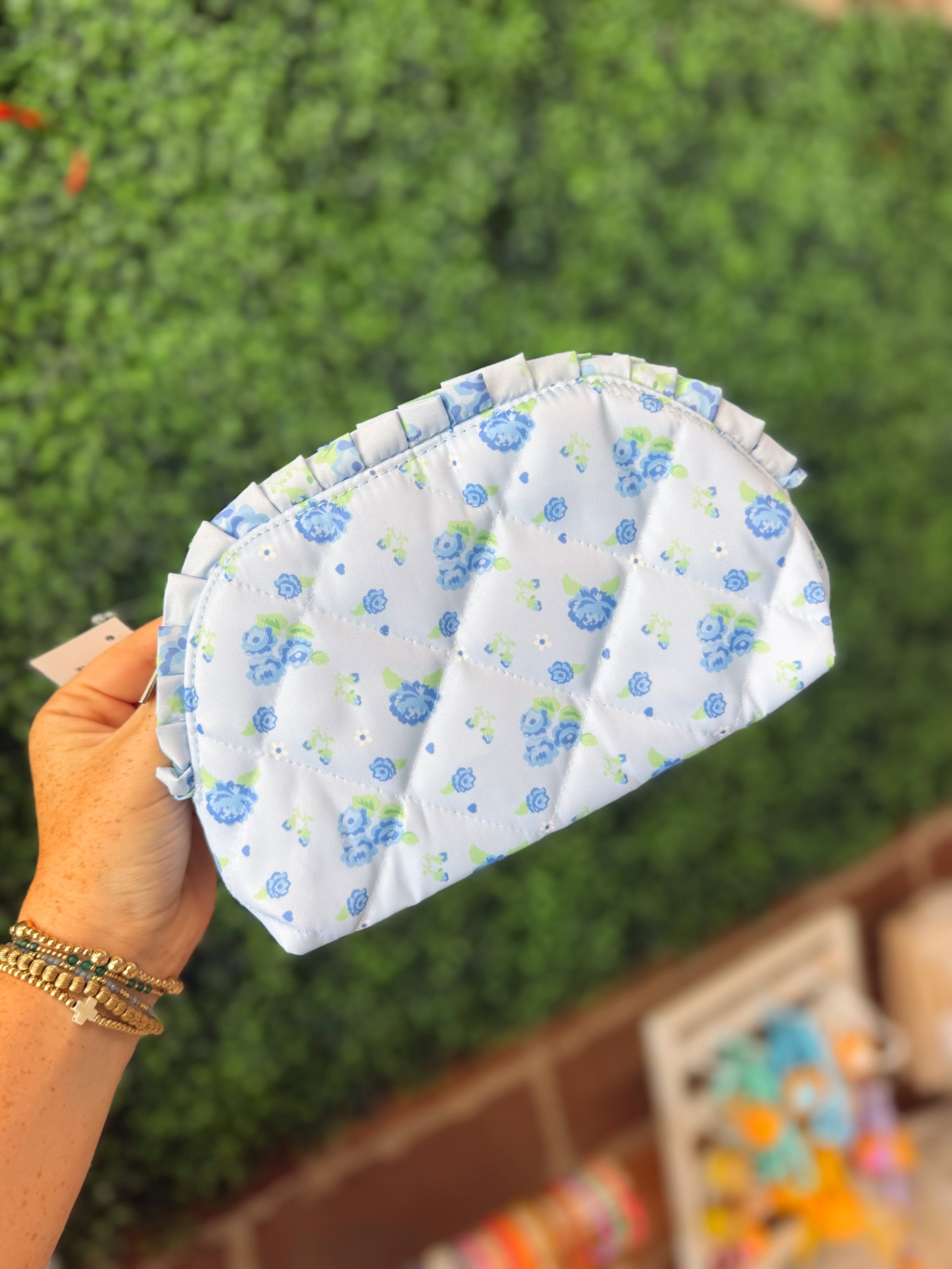 Blue Ruffle Floral Cosmetic Bag