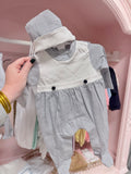 Navy mini stripe bib front hat and footie