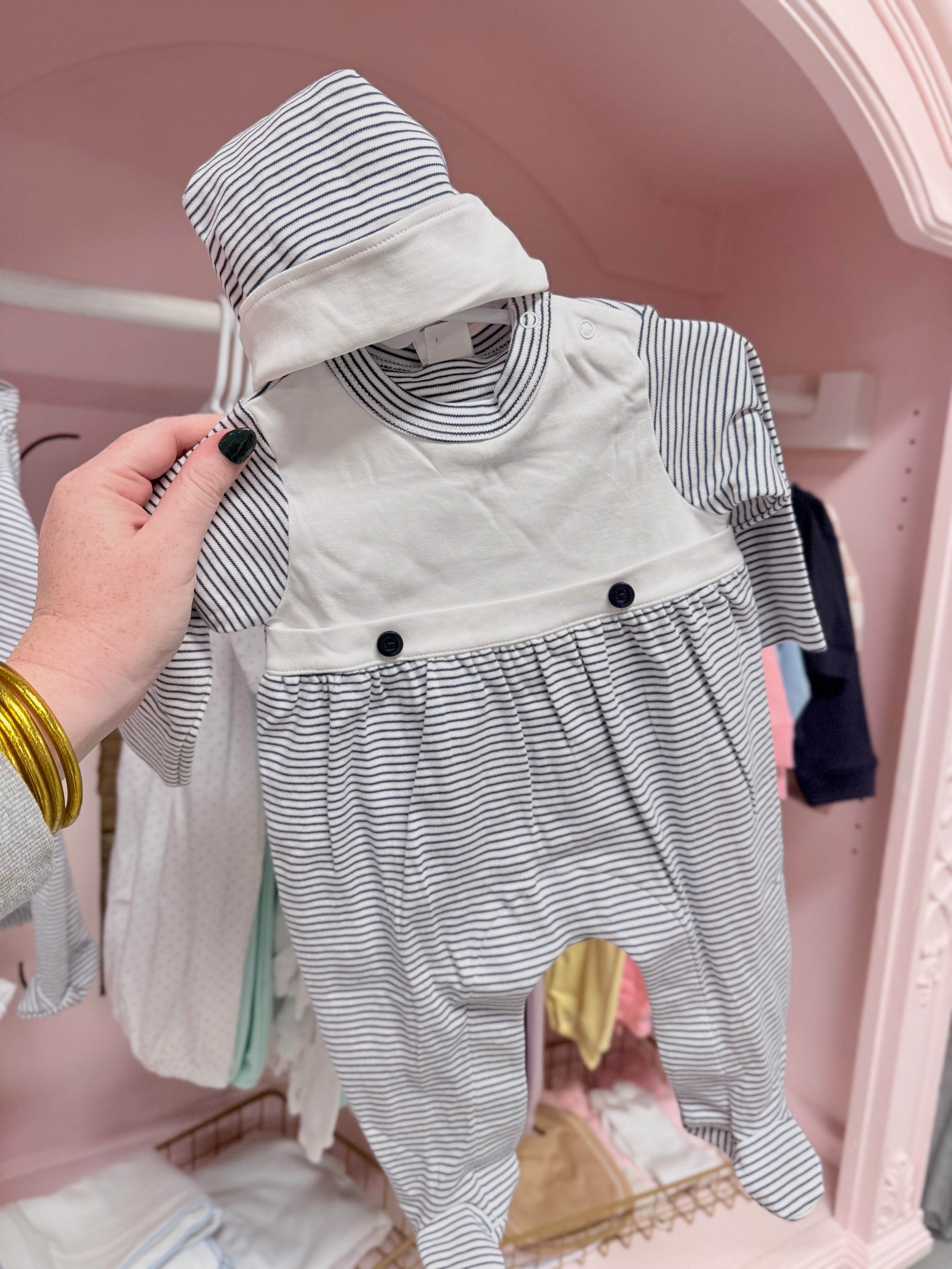 Navy mini stripe bib front hat and footie