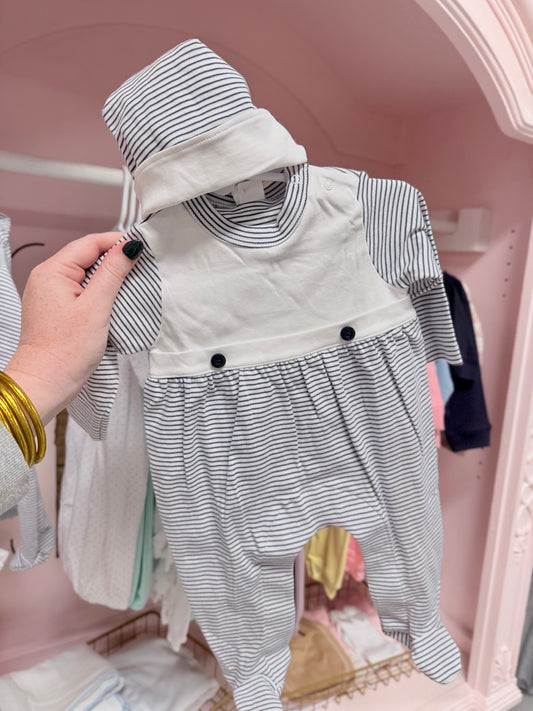 Navy mini stripe bib front hat and footie