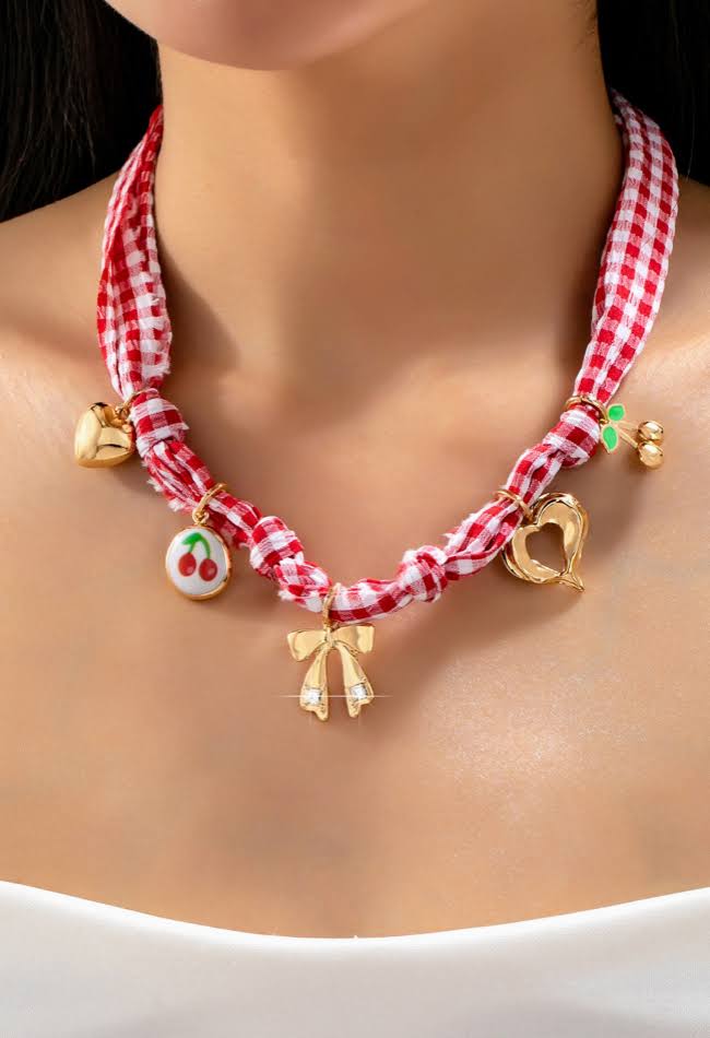 Red Gingham Scarf Charm Necklace