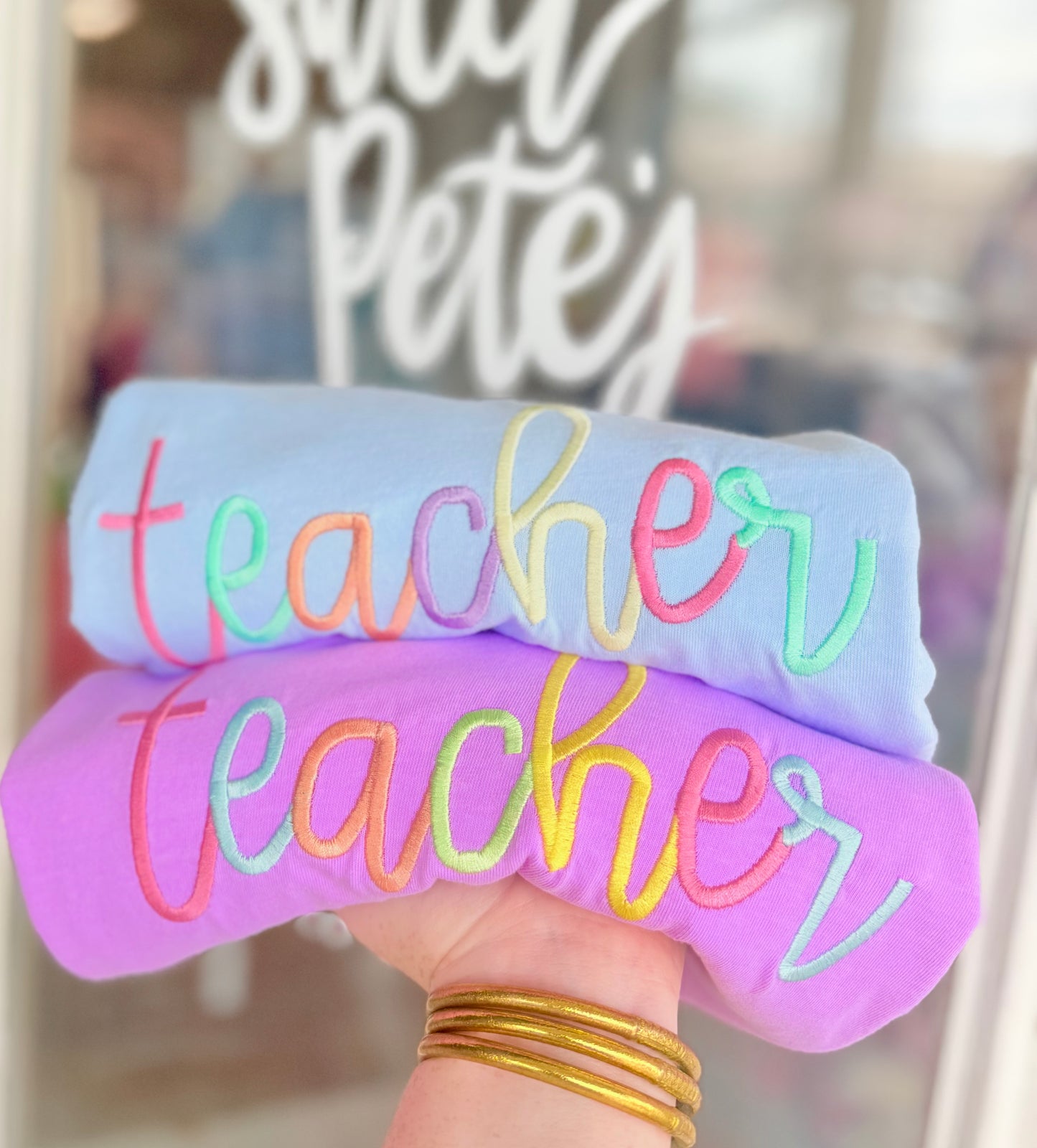 Mystery rainbow stitched teacher tee